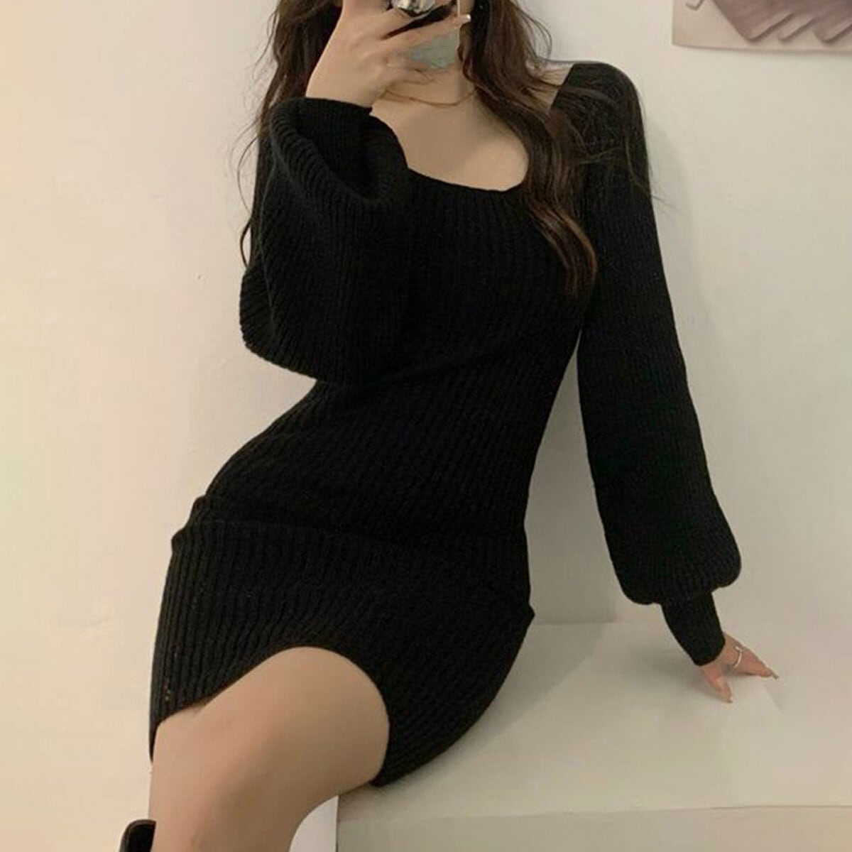 リブニット ワンピース 長袖 レディース 韓国 きれいめ おしゃれ 大人 かわいい ミニワンピース ゆったり スクエアネック パフスリーブ 大人可愛い 大人女子