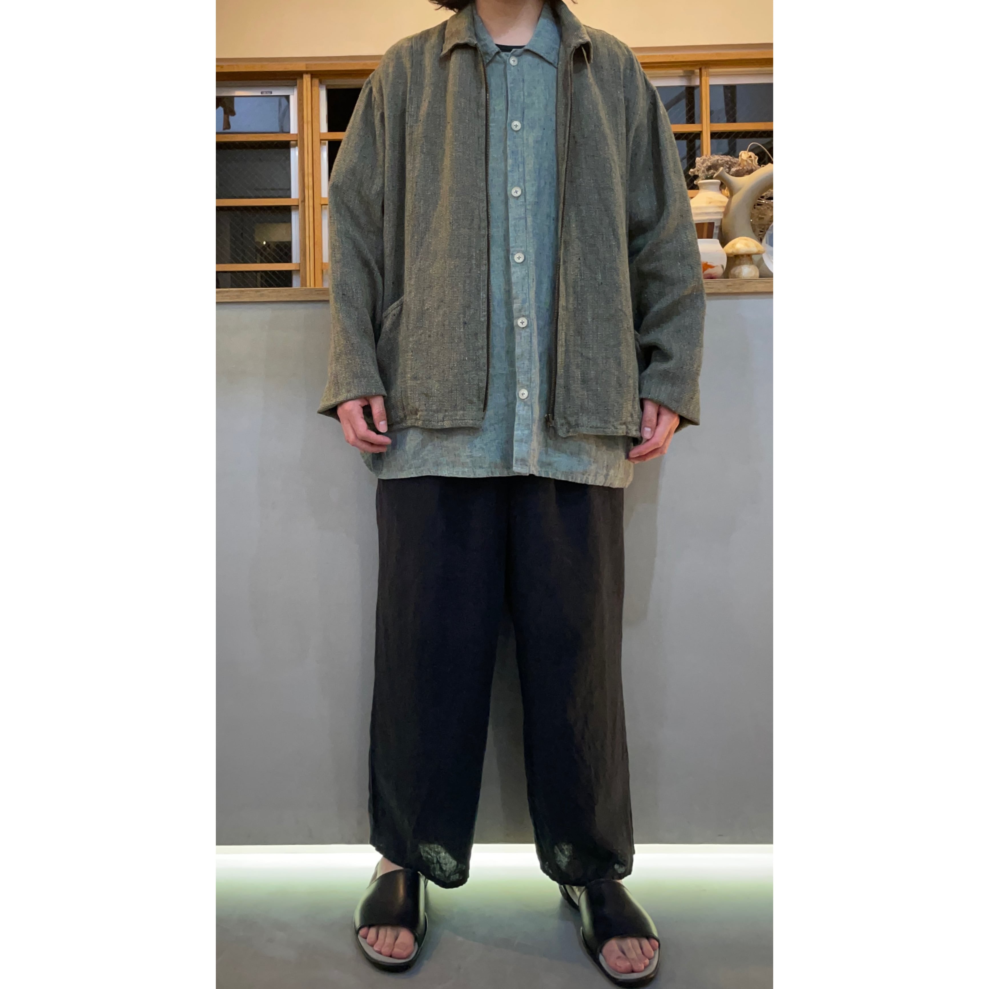 90s FLAX mix olive Lithuania linen box silhouette zip up jacket