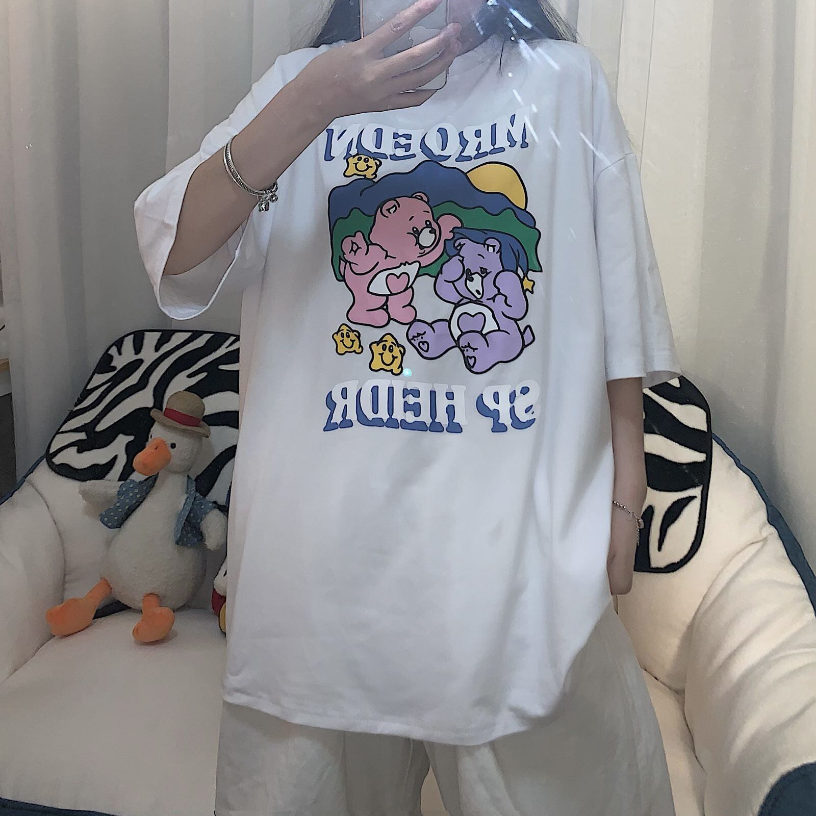 サマープリントTシャツ ルーズスタイルホワイト コットン 夏物 ケッペル68002953444