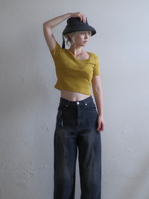 Cross Knit Short Sleeve Top / YELLOW