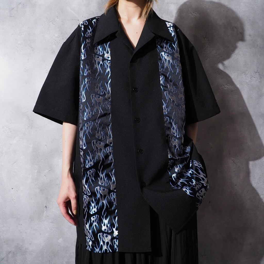 Skull × flame pattern satin switching open callar ss shirt