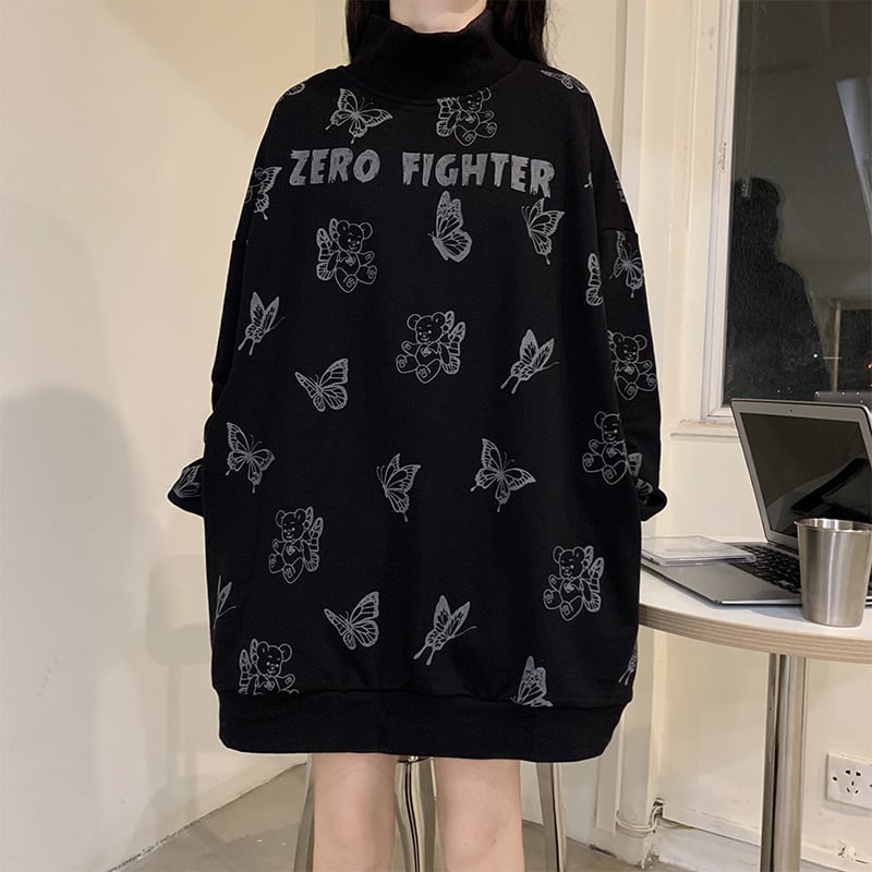 サブカル 服 地雷系 通販 ゴスロリ系 闇かわいい クマちゃん Butterfly スエット セーター ロング丈 オーバーサイズ ゴシック ロリータ