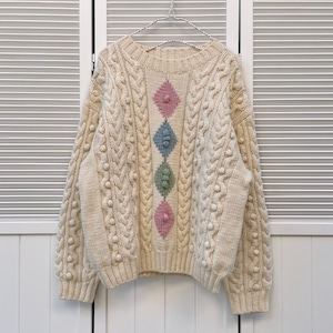 pastel argyle popcorn knit 〈レトロ古着 パステルアーガイル ポップコーンニット ケーブルニット〉