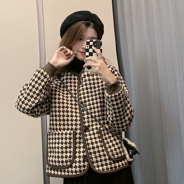 ジャケット オータムウィンタースタンダード格子柄カーディガン レトロ ストリート 秋物 冬物 1号婦人16694266115