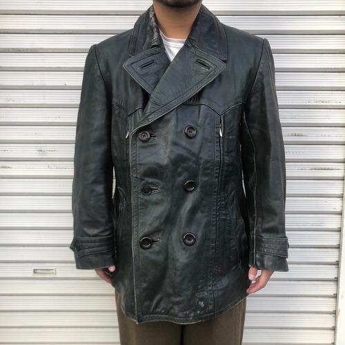 希少 50s ドイツ製 グリーン レザー コート ライダース モーターサイクル ジャケット ヴィンテージ ドイツ軍　カーコート フランス 40s