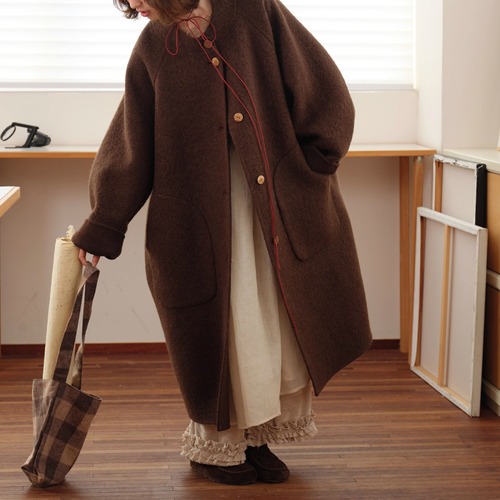 ノーカラーニットロングコート ・9036