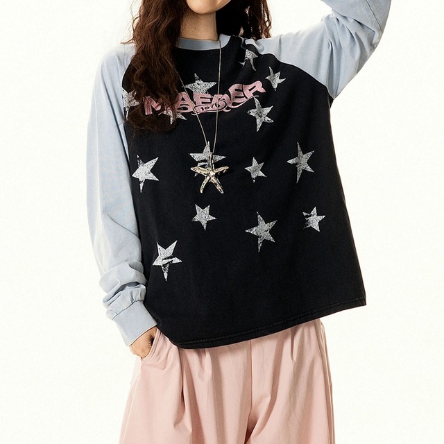 ユーズドライクレトロポップスターパターンラグランTシャツ 1col R02576