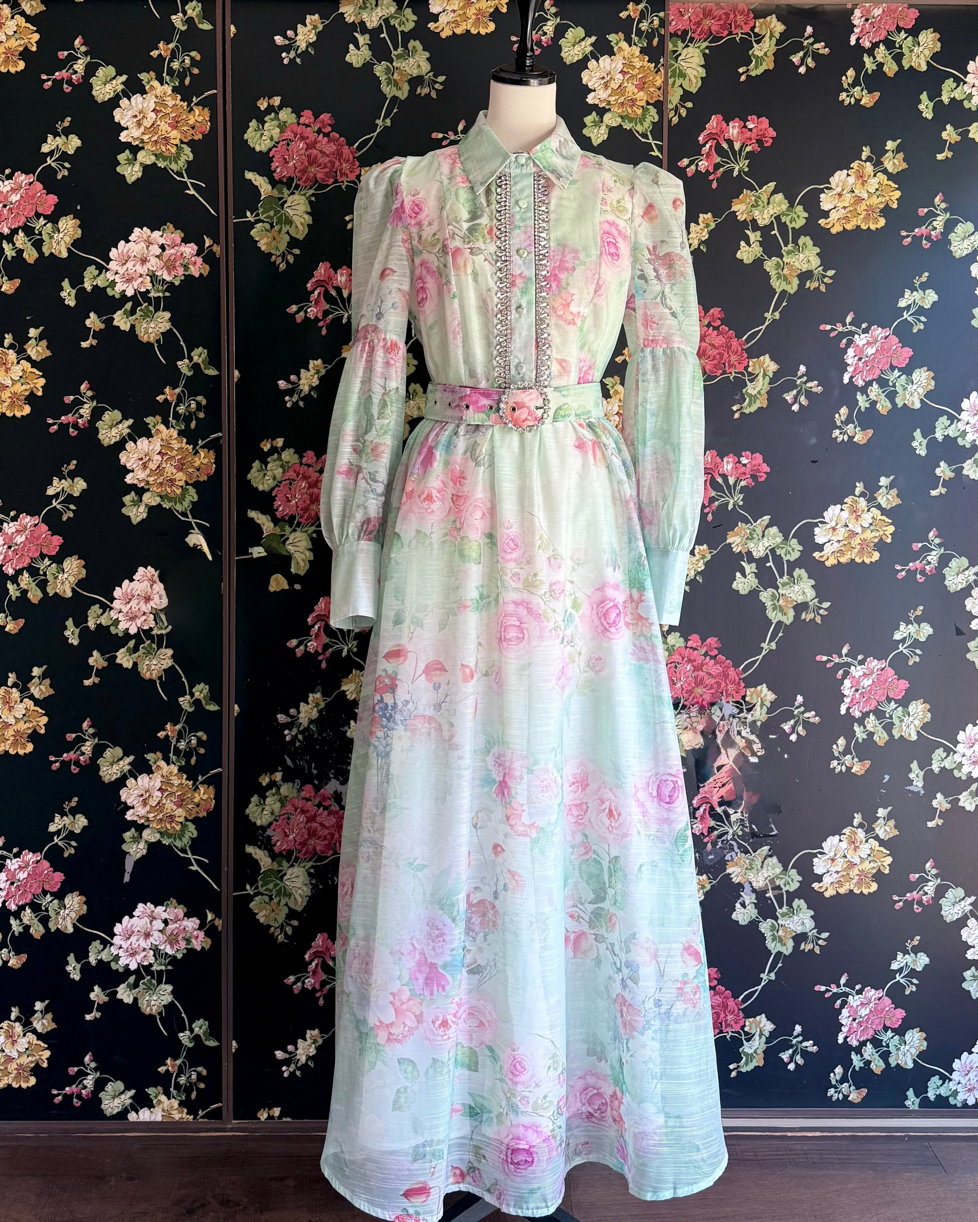 L【新品インポートセレクト】宮廷調花柄クラシックモードワンピースドレス グリーン | 代官山インポートワンピースのセレクトショップ Wild Lily