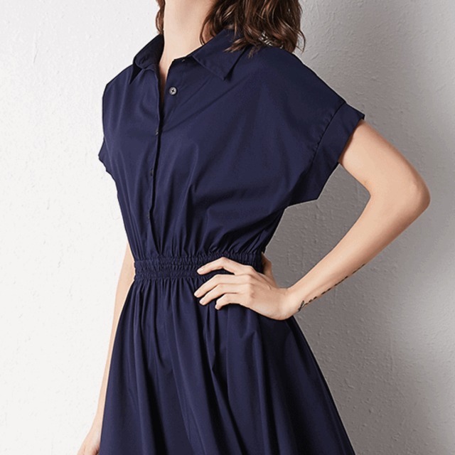 シャツワンピース ひざ丈ワンピース 半袖 ネイビー 無地 ウエストマーク Aライン きれいめ夏 Choco Chaco