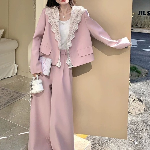 pink blazer + wide-leg trousers 2piece