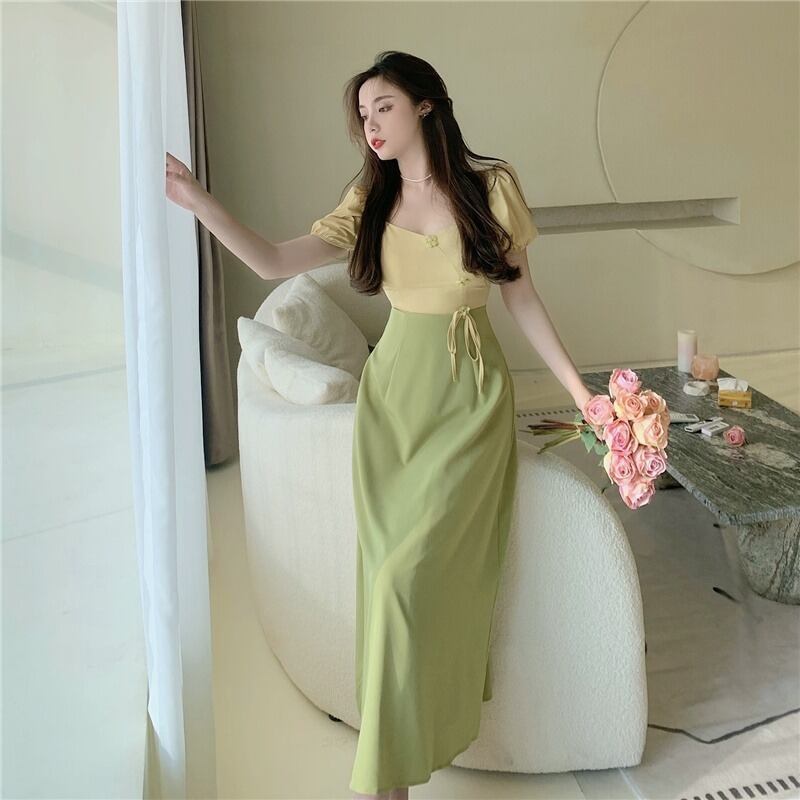 ドレス レディースサマースタンダードウェストスリーブ レトロ 夏物 スクウェア 1号婦人25187835262