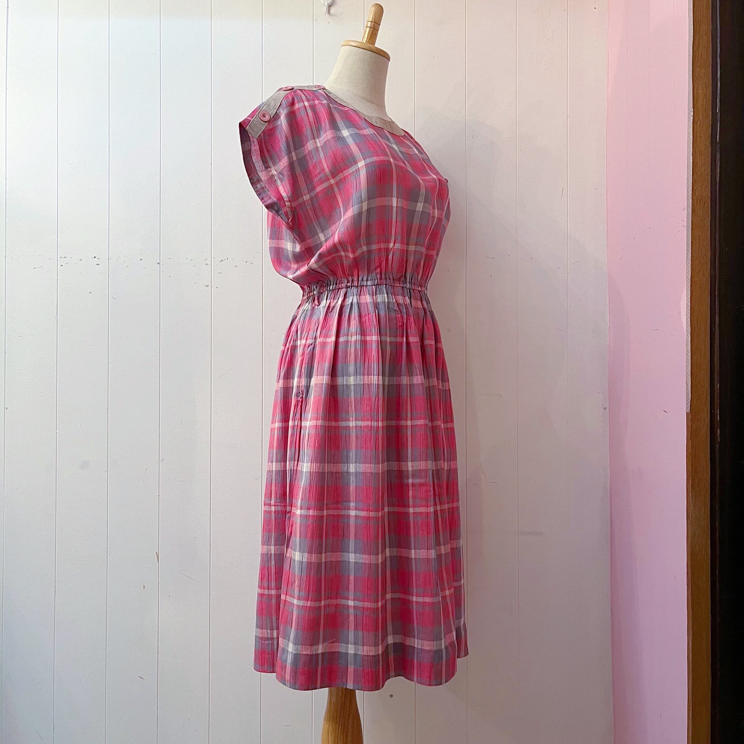 pink gray check button one-piece