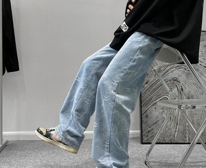 【韓国ファッション】ジャガードジーンズ ストリートカジュアルパンツ ワイドレッグロングパンツ