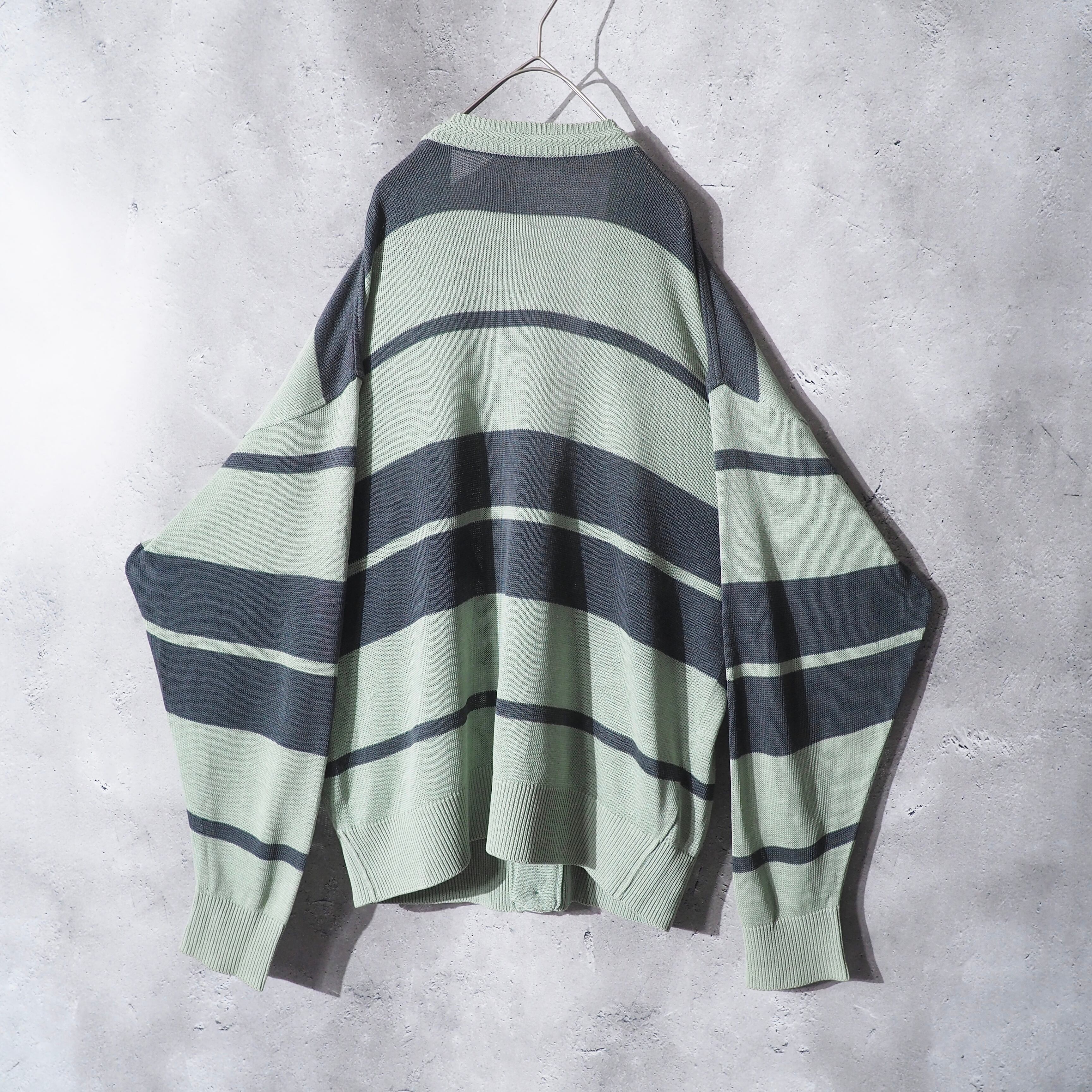 1990s " PIASPORTS " Mint green color vintage loose Border knit cardigan