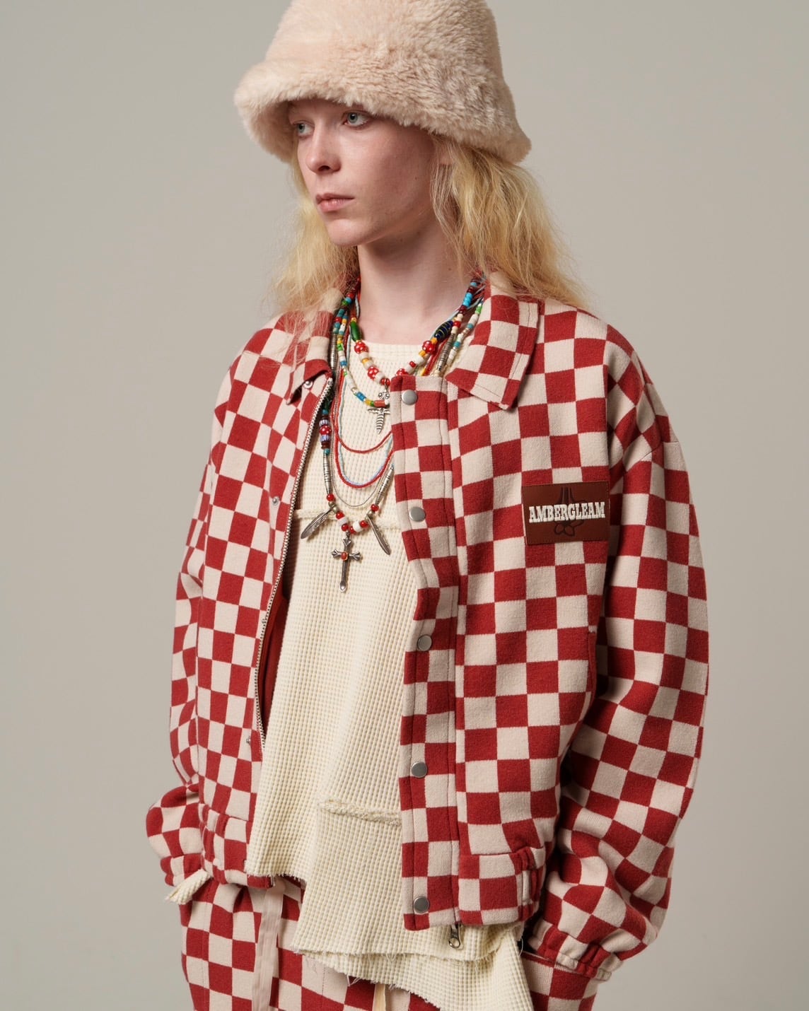残りラスト1点|Jacquard Knit Blouson/Black Checker | AMBERGLEAM
