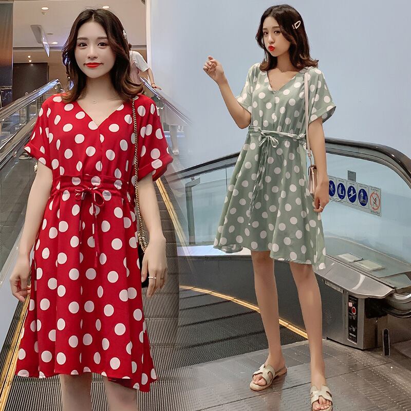 【新作】【送料無料】 新しいVネック水玉マタニティドレスファッションルーズミドル丈マタニティドレスのマタニティウェア2019夏バージョン-アリババ サマー 夏物 expec280747213176