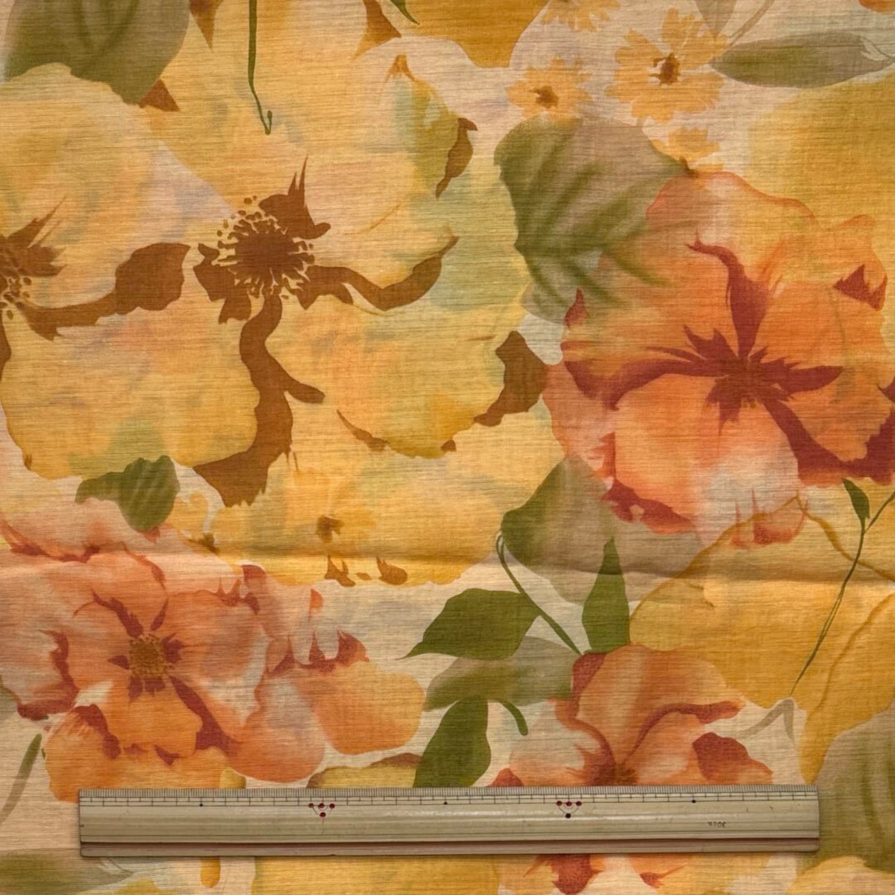 TB888◆3m◆M◆リネンレーヨン◆うっすらプリント加工生地◆花柄◆オレンジ系