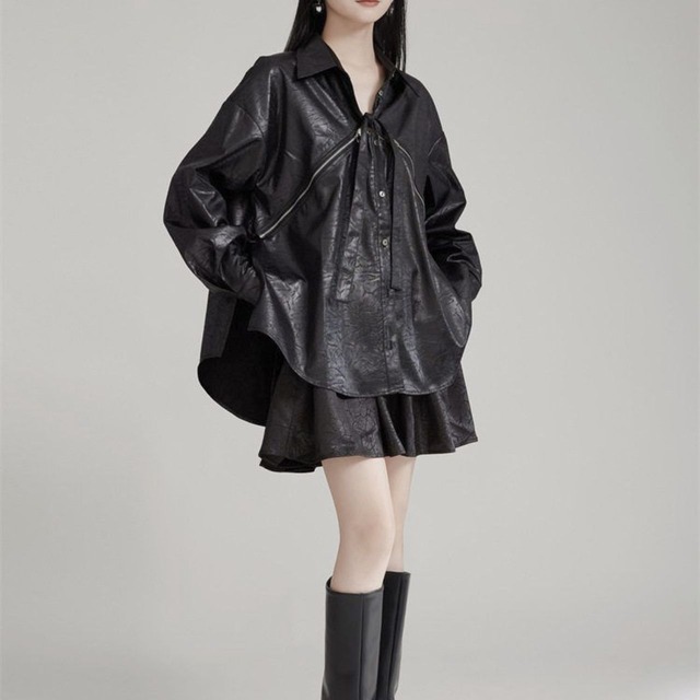 Fake leather oversized big silhouette shirt C0970