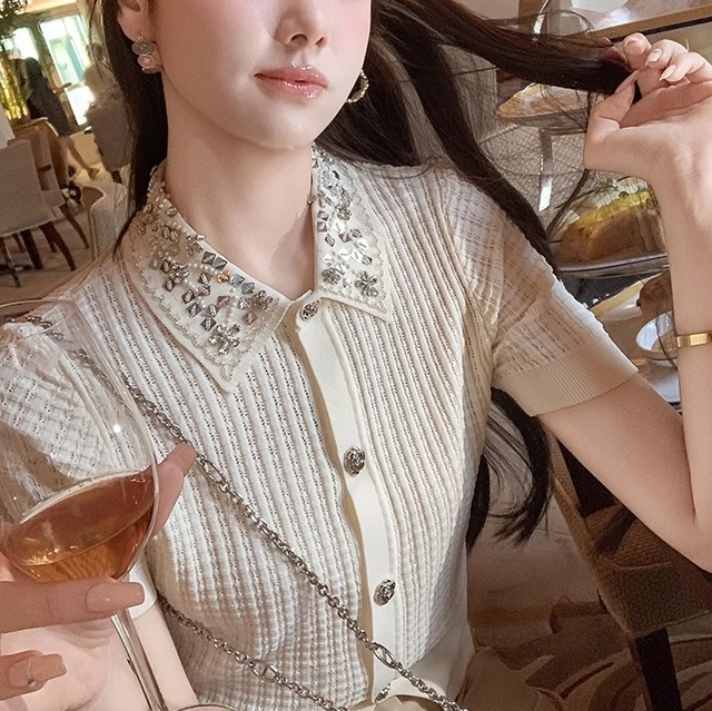 polo shirt with sparkling collar＜t2464＞
