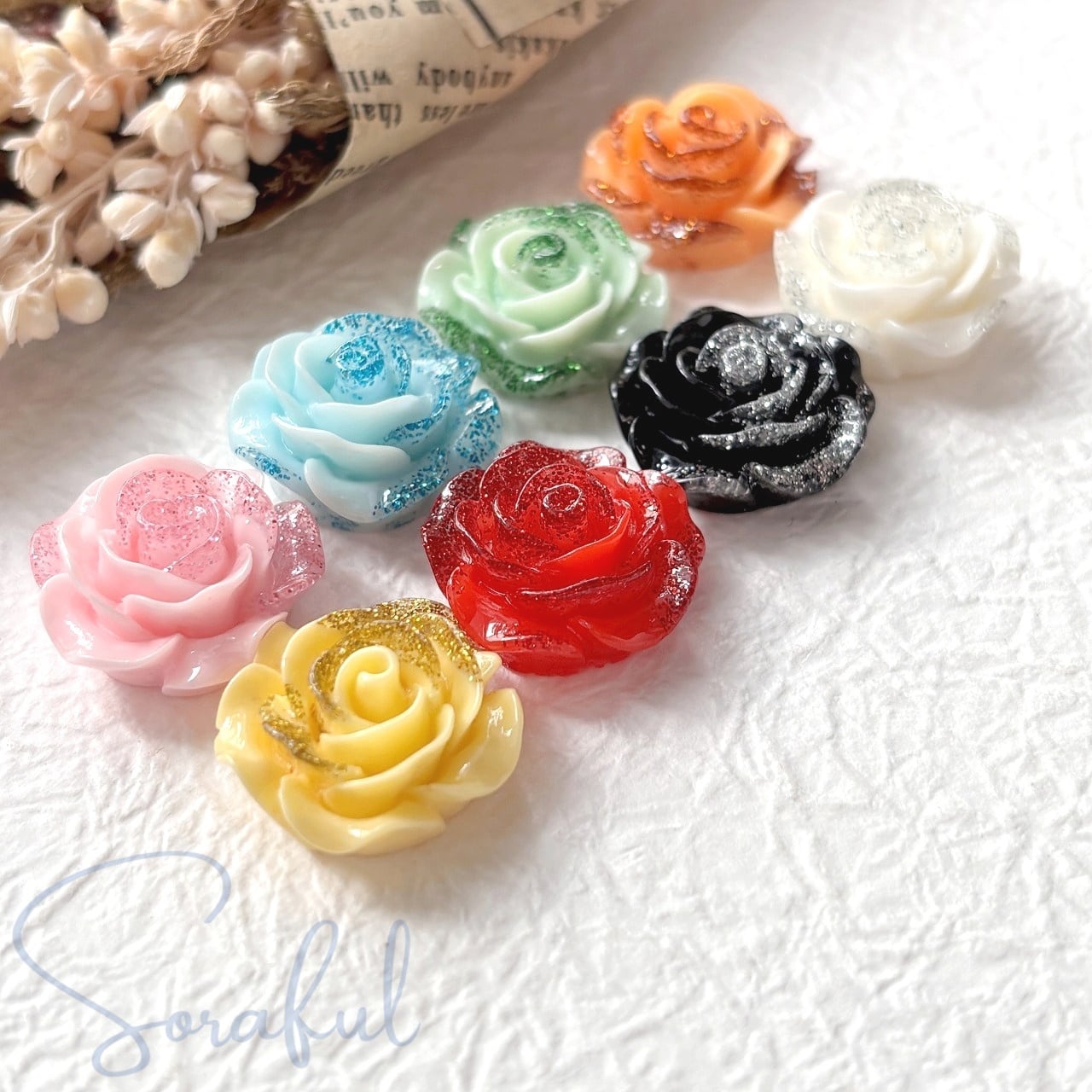 6個】ラメの薔薇カボション バラ ローズ 19mm【デコパーツ】D-0142