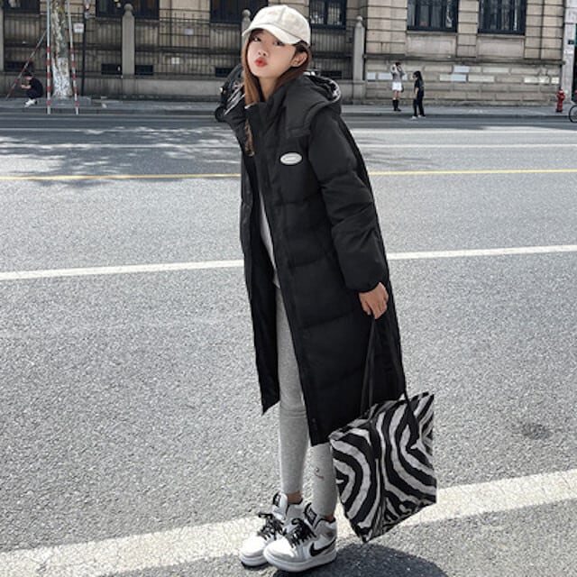 ダウンコート レディース アウター ロングコート ロング丈 もこもこ フード付き おしゃれ シンプル かっこいい 防寒 秋冬 ブラック S/M/L