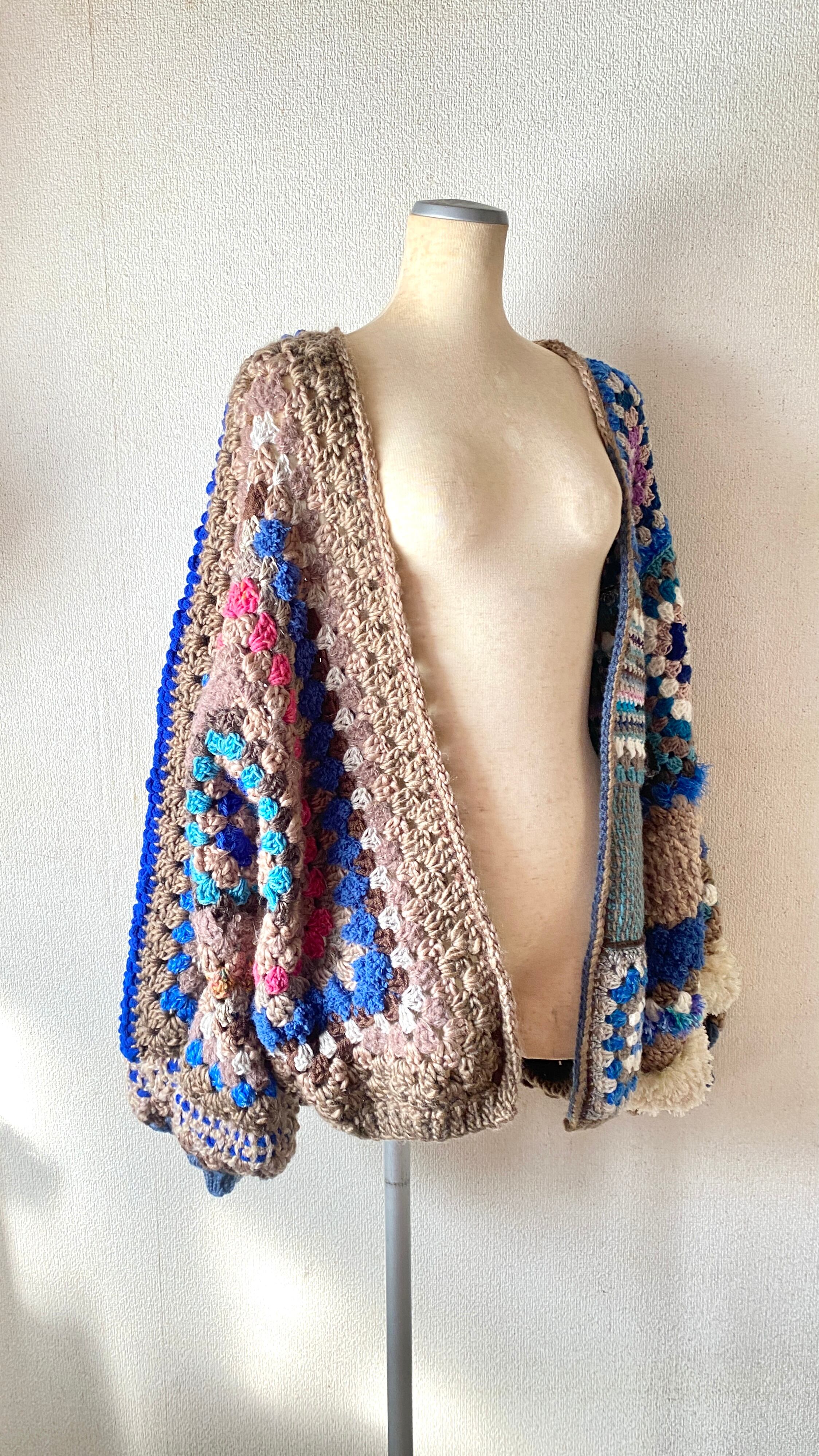 Crocheted granny hexagon and square motif asymmetrical cardigan