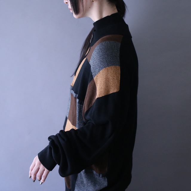 fake leather taping design block pattern half-zip high-gauge knit