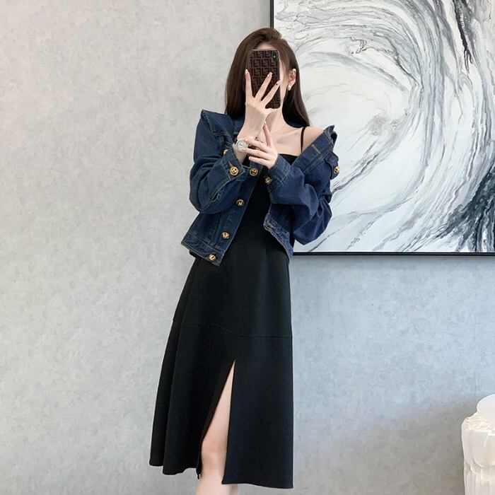 Gジャンデニムシャツ スリット入りブラックワンピース セットアップ 韓国レディースファッション通販 Papi パピ K Pop Btsグッズ