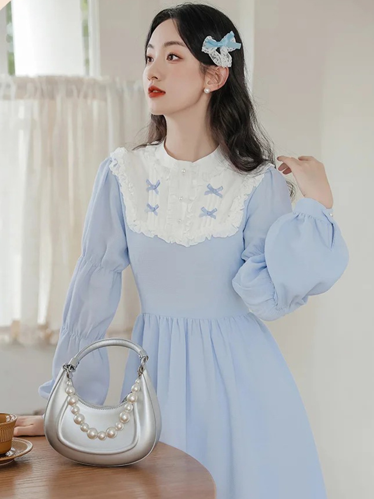 【0254】Frill Ribbon Neck Lolita Long Sleeve Dress