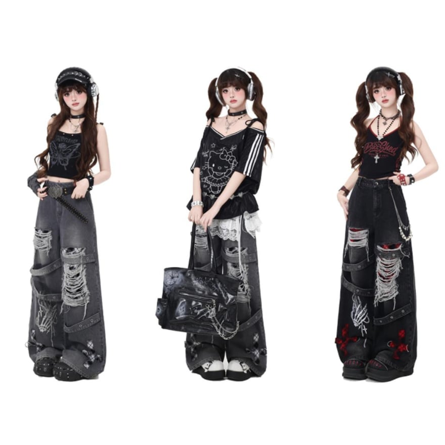 サブカル 服 地雷系 通販 パンク パンツ クラッシュダメージ デニム