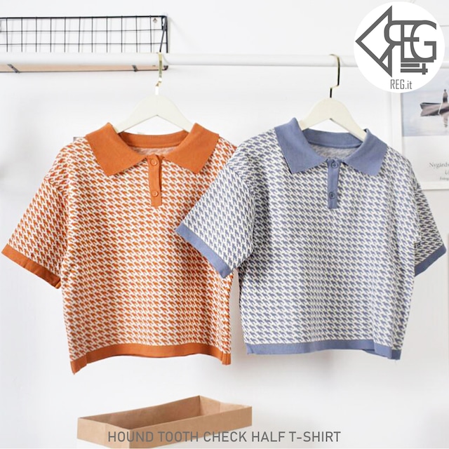 【REGIT】【即納】HOUND TOOTH CHECK HALF T-SHIRT S/S 韓国ファッション トップス 半袖Ｔシャツ ポロシャツ カットソー 千鳥格子 チェック柄 クロップド 10代 20代 プチプラ 着回し 着映え ネット通販 TPN005