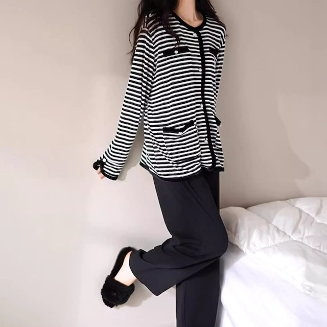 【M-XL】monotone stripe pattern cardigan style pajamas p1064