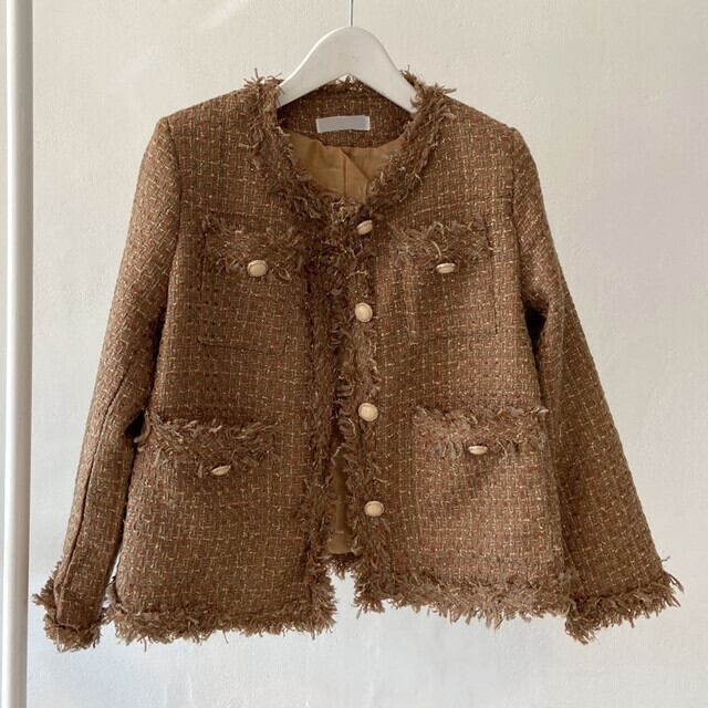全2色 レディース ヘーゼルカラー ツイードジャケット ノーカラー