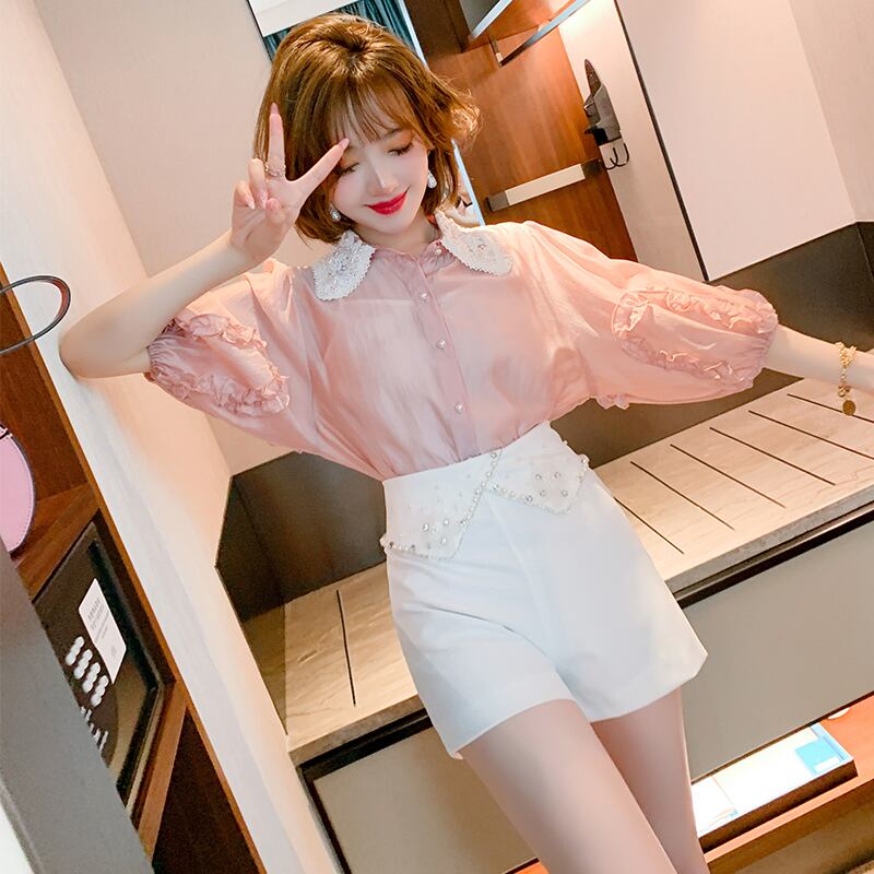 レースカラースリーブトップス ウェストショーツ セット サマー ランタンスリーブ 夏物 ブルマー MIUCO81879804787