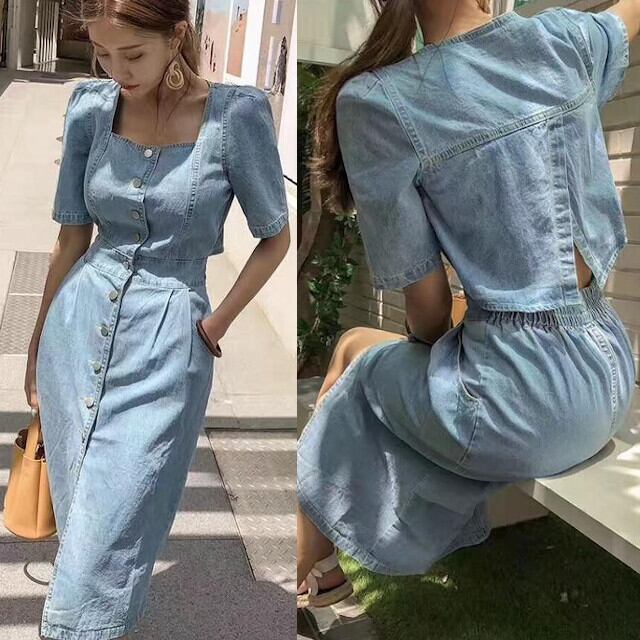 S/M/L/XL レディース デニムワンピース 半袖 ブルー スクエアネック 膝下丈 バックスリット 肌見せ