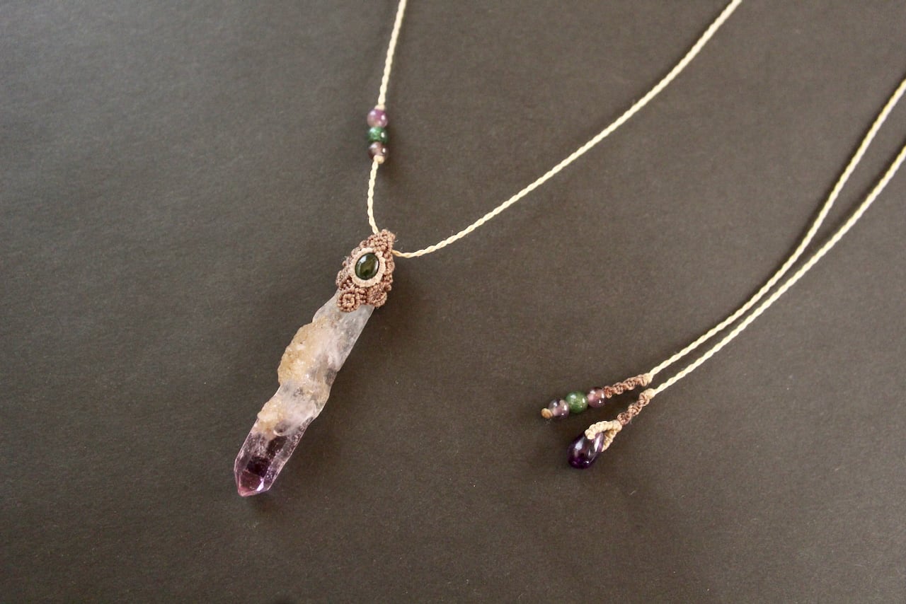 Amethyst point & Chrome Tourmaline  micro macrame pendant