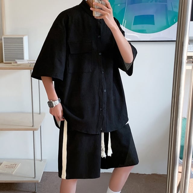 【予約販売】メンズ セットアップ ノーカラー 上下 半袖シャツ ハーフパンツ ストリート ブラック/オフホワイト/グリーン 部屋着 韓国 ラフ 胸ポケット カジュアル 春 夏 大きいサイズ M/L/XL/2XL/3XL/4XL/5XL