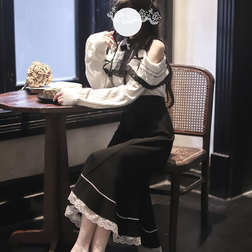量産型 マーメイドロングスカート コルセット風×レースフリル 黒 量産型 マーメイドロングスカート コルセット風×レースフリル 黒