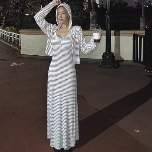 セットアップ レディース キャミソールワンピース フード付きカーディガン 2点セット ツーピース ロングワンピース 長袖 パーカー ボーダー カジュアル おしゃれ ルームウェア リゾート 女性 セット