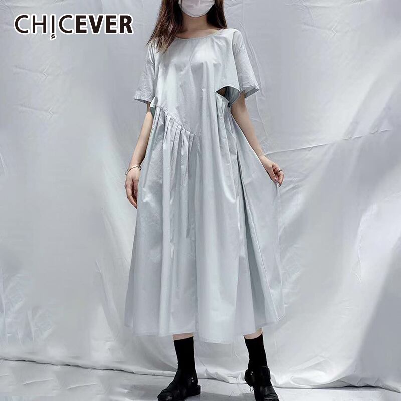 CHICEVERアシンメトリードレスレディースOネック半袖パッチワークウエストホローアウトシャーリングドレス2020夏 ショート ハーフスリーブ サマー 夏物 6base549321257116