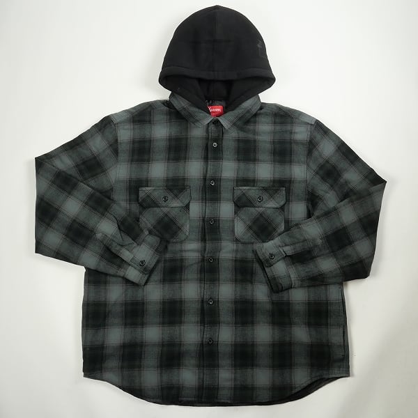 M 黒 supreme Quilted Hooded Plaid Shirt