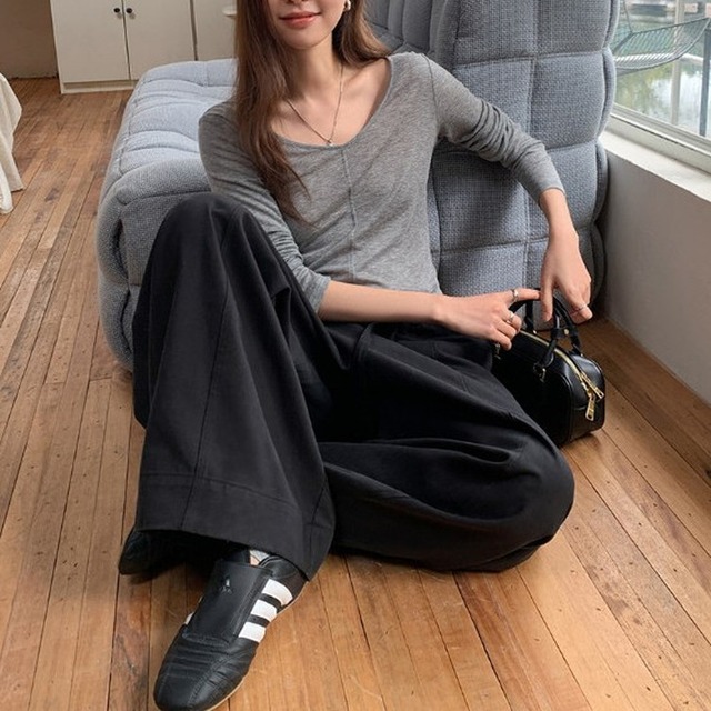 スリムフィットワイドVネックロンTee 2color [am03675]