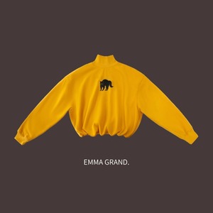 黒猫ワンポイント裾バルーンイエローハイネックトレーナー　E00608