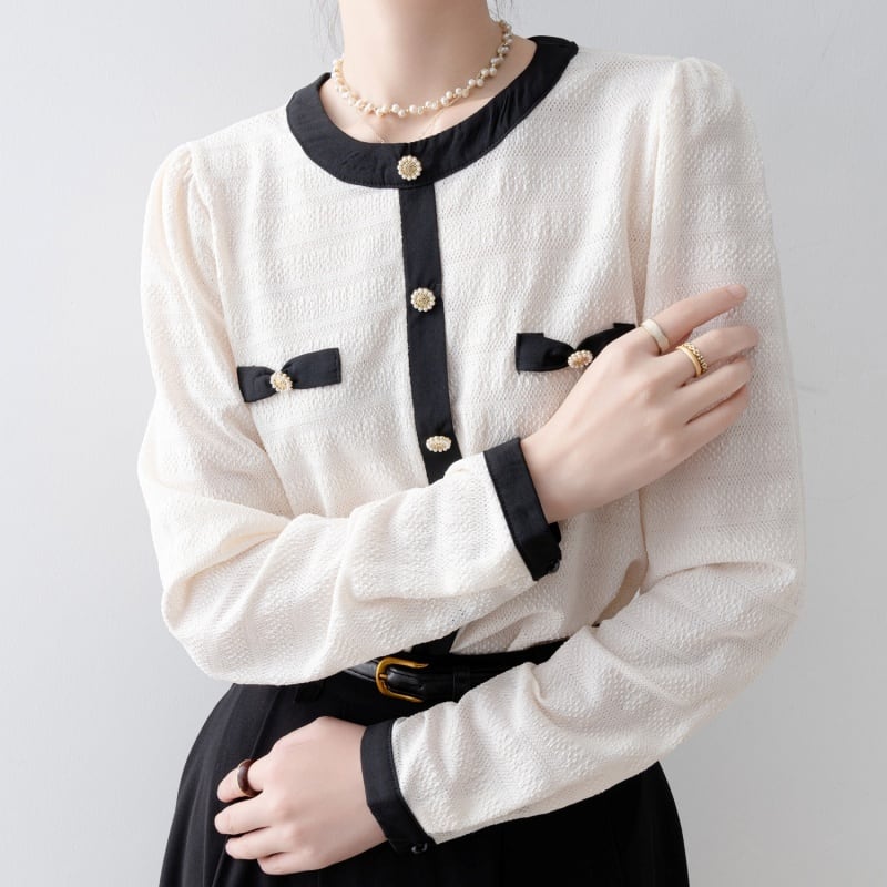 ラウンドネックバイカラーブラウス Me0859