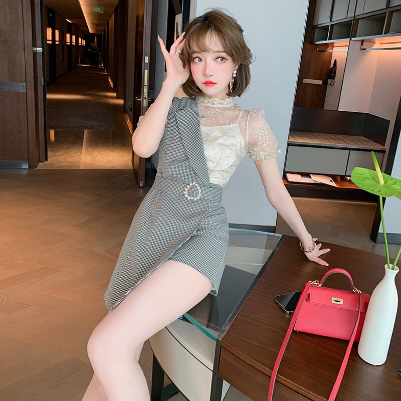 レースカラー格子柄ジャンプスーツ オールインワン サマースタイル 夏物 ステッチ MIUCO94812030961