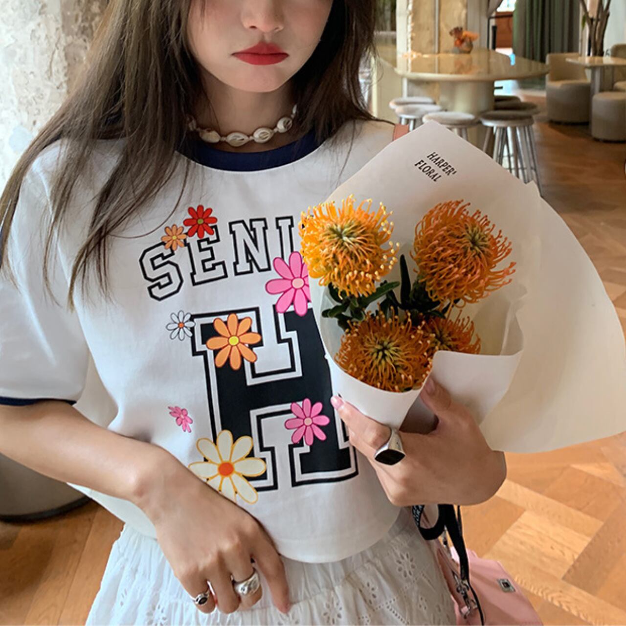 フラワーロゴプリント ショートTシャツ 2colors A4164