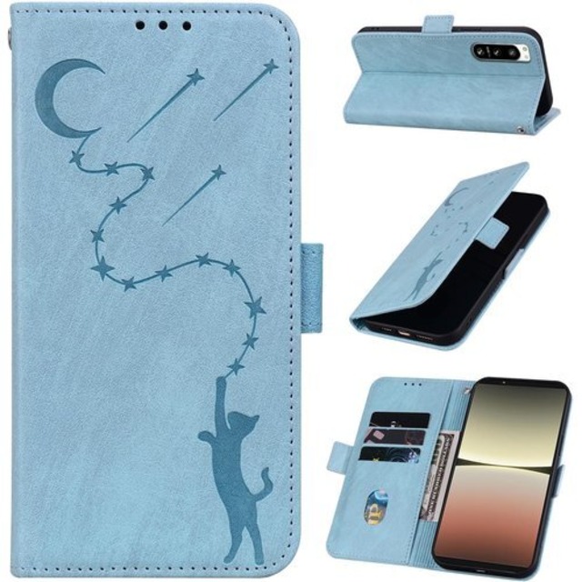 Xperia 5 iv ケース so-54c ケース xperia 5 iv スマホケース スタンド機能 マグネット カード収納 xperia5 iv カバー 耐衝撃 全面保護 SOG09 ケース 可愛い 猫柄 エクスペリア5iv ケース 柔らかいTPU Sony xperia 5iv ケース 手帳型 - アイスブルー 2305