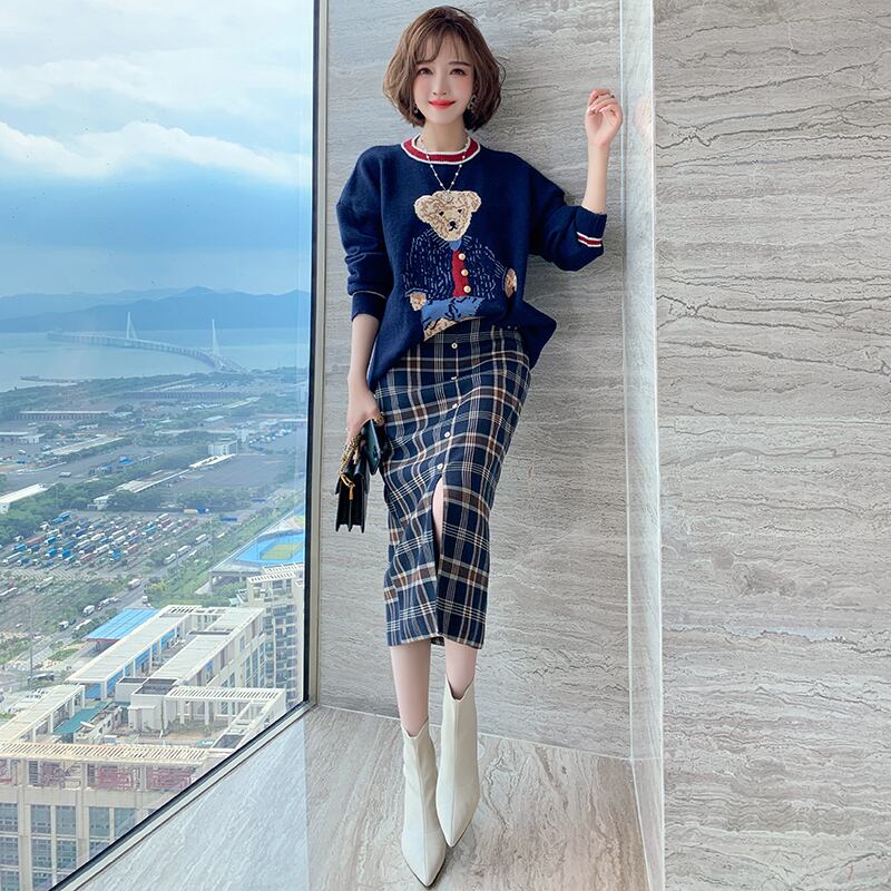 ラウンドネックニットセーター 格子柄スカート オータムウィンター 秋物 冬物 Oネック MIUCO71788197017