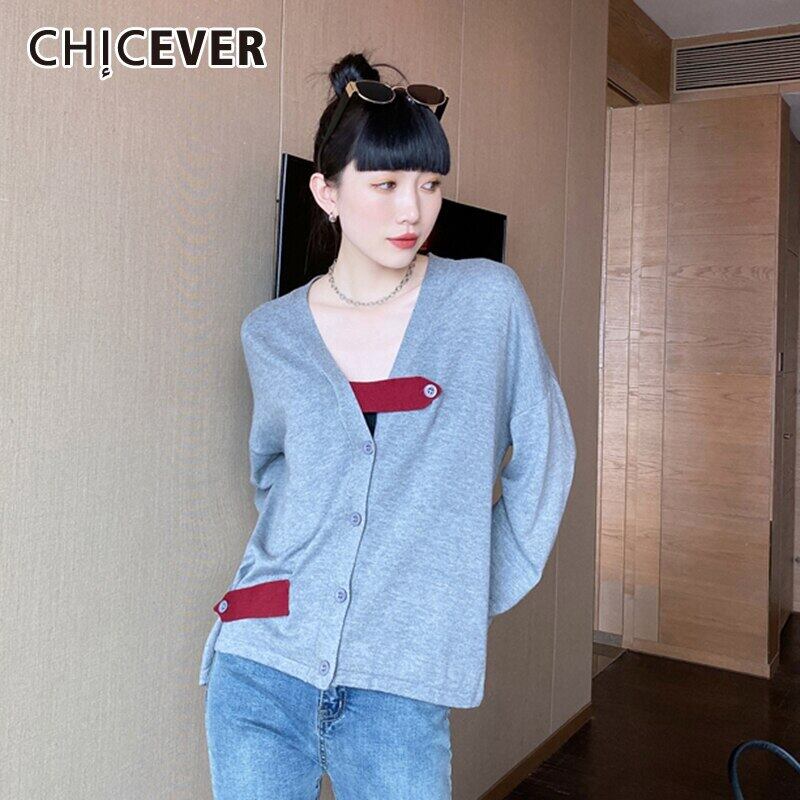 CHICEVERセーターレディースVネック長袖パッチワークヒットカラーオーバーサイズグレーニットカーディガン2020 ロング 6base523712672586