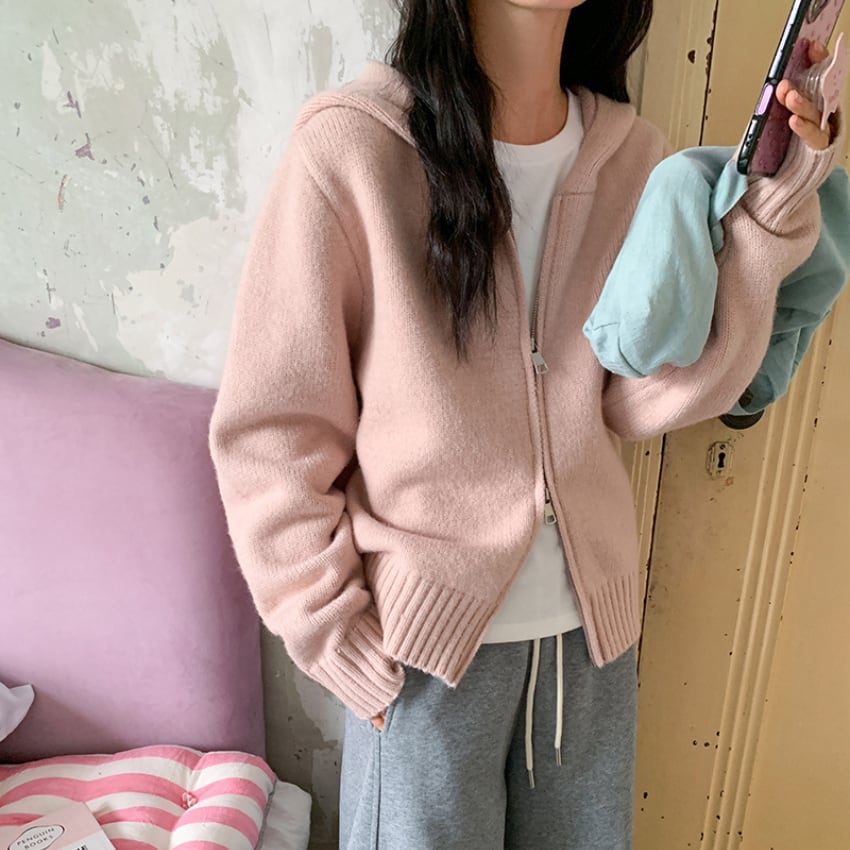 zip-up hooded knit cardigan J00060